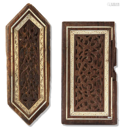 TWO MAMLUK IVORY INLAID CARVED WOOD FRAGMENTS, EGYPT, 14TH CENTURY