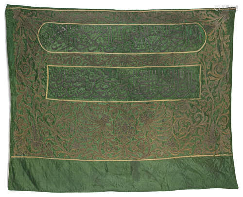 A GREEN GROUND SILK BANNER EMBROIDERED WITH SILVER AND GILT THREAD, EGYPT, 1343 AH/1924 AD