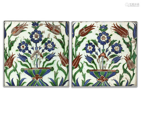 A PAIR OF SQUARE FRAMED IZNIK TILES, OTTOMAN, TURKEY, CA 1600