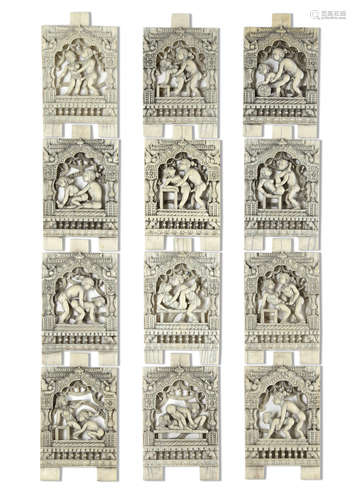 A GROUP OF TWELVE EROTIC IVORY PLAQUES, ORISSA INDIA, 17TH CENTURY