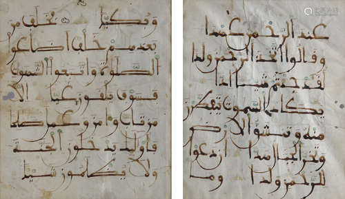 TWO ANDALUSI KUFIC SCRIPT QURAN FOLIOS, ANDALUSIA, 13TH CENTURY