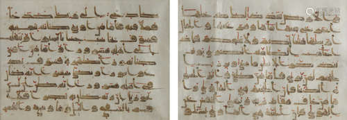 TWO KAIROUAN WESTERN KUFIC SCRIPT QURAN FOLIOS, KAIROUAN, 9TH CENTURY