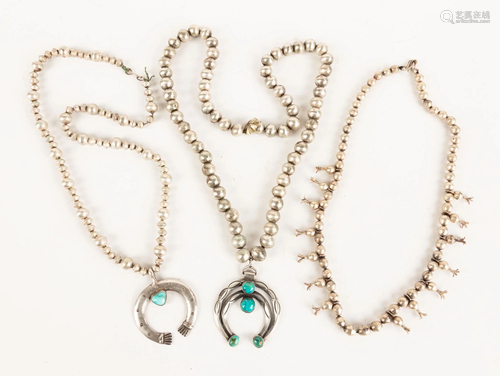 Three Navajo Silver and Turquoise Squash Nec…