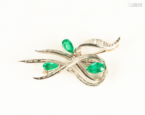 Emerald and Diamond Platinum Brooch