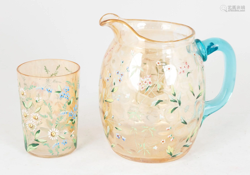 Victorian Enameled Glass Pitcher and Tumbler