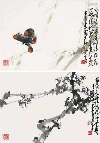 甲子（1984年）作 赵少昂 1905～1998 墨梅 花蝶 （二幅） 镜片 纸本