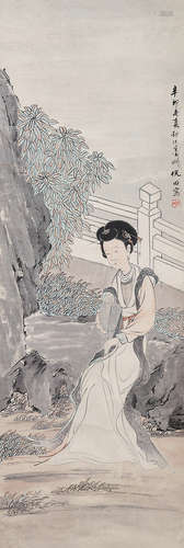 辛卯（1891年）作 倪田 1855～1919 执扇仕女 立轴 纸本