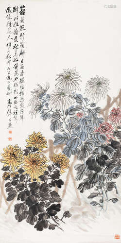 丁巳（1917年）作 倪田 1855～1919 秋菊 立轴 纸本