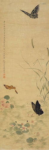 庚辰（1880年）作 左锡惠 生卒年不详 花蝶图 镜片 纸本