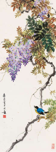 黄幻吾 1906～1985 紫藤小鸟 镜片 纸本