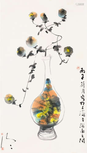 丙子（1996年）作 陈家泠 B.1937 瓶花 立轴 纸本