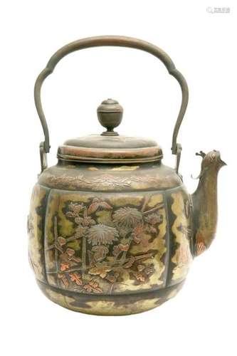 LARGE COPPER TEAPOT WITH BIRD AND BAMBOO DECORATIO…