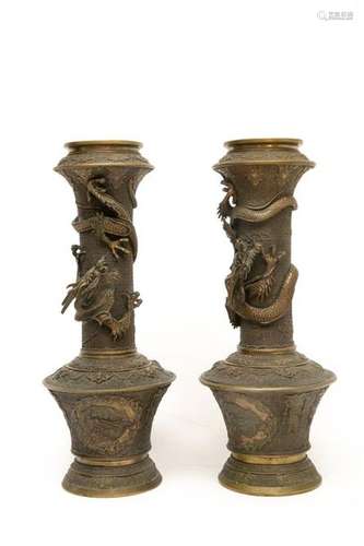 PAIR OF BRONZE VASES WITH DRAGONS \nJapan, Showa \nW…