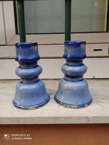 PAIR OF COBALT BLUE ENAMEL PORCELAIN CANDLEHOLDERS…