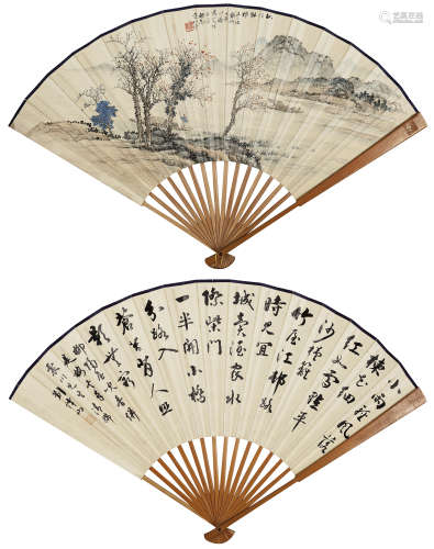 袁松年 （1895-1966） 画1941年作 秋江归棹图、行书王安石诗二首 设色纸本成扇