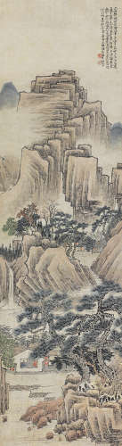 翟继昌 （1770-1820）  仿唐六如松溪书屋图 设色纸本立轴