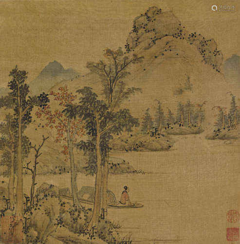 莫是龙 （1537-1587）  春江泛舟 设色绢本立轴