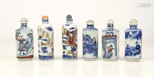 Six Blue And White Porcelain Snuff Bottles