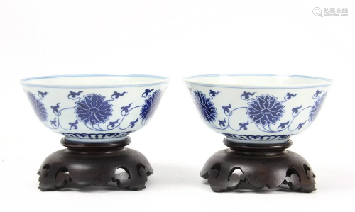 A Pair Of Blue And White Floral Bowls