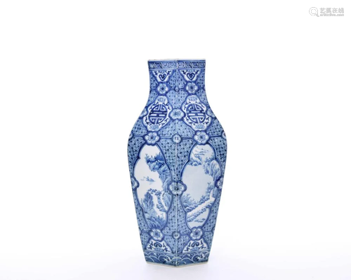 A Chinese Blue and White Hexagonal Vase