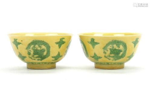 Pair of Green-and-yellow-Glazed Dragon Bowls