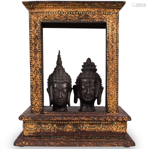 Pair of Antique Buddha Heads In ShrineÃ‚