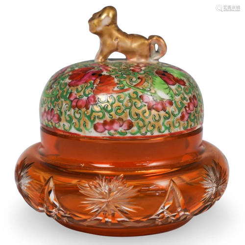 Oriental Ceramic & Amber Glass Box