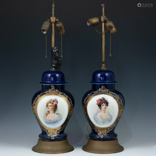 Pair Of French Enameled Porcelain Lamps