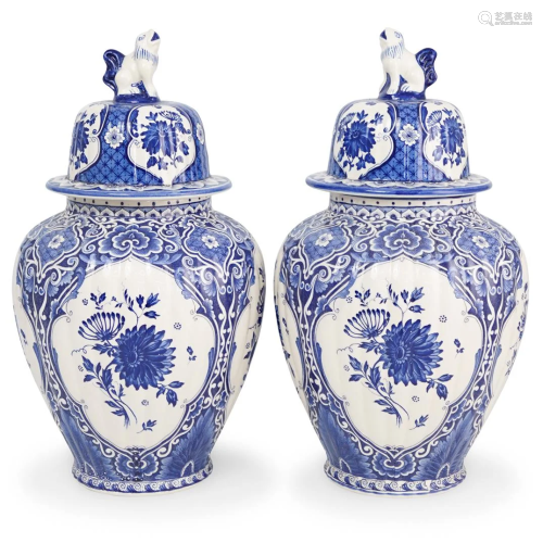 Delft Blue And White Covered Urns