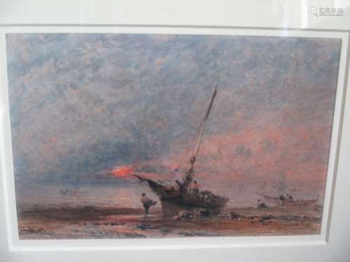 George Weatherill (British, 1810-1890) A beached fishing boat at sunset