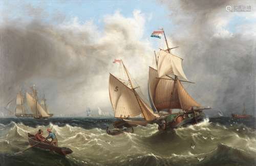 Henry Redmore (British, 1820-1887) A pilot cutter with other shipping and a lightvessel in the di...