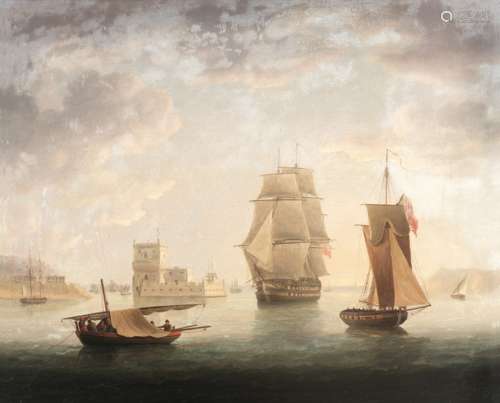 Thomas Buttersworth (British, 1768-1828) An English two-decker and an armed naval cutter in the T...