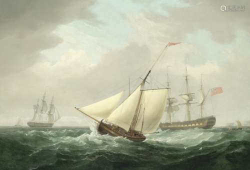 Thomas Whitcombe (British, circa 1752-1824) A cutter under way with British naval frigates off th...