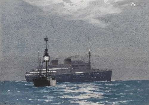 Norman Wilkinson (British, 1878-1971) The MV Britannic passing Liverpool's Mersey Bar lightship