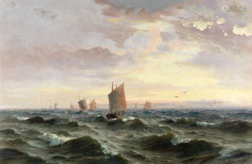 Henry Moore, R.A. (British, 1831-1895) The fishing fleet making their way at sunrise