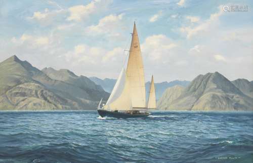 Gordon Ellis (British, 1921-1979) Royal Yacht Bloodhound sailing off Skye