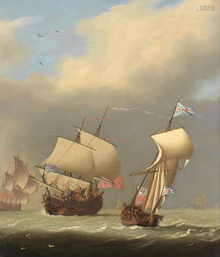 Circle of Charles Brooking (British, 1723-1759) A British naval squadron in a good breeze