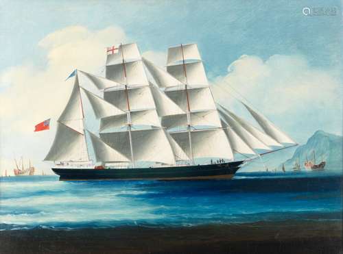 Chinese School, 19th Century A British barque off Hong Kong in a hardwood frame