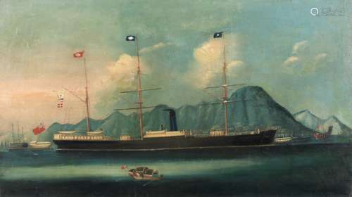 Chinese School, 19th Century A Blue Funnel Line Steam and Sail in Hong Kong Harbour unframed