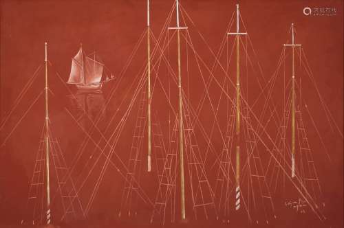 Spyros Vassiliou (Greek, 1902-1985) Boat and masts in red background 86 x 129 cm. (Painted in 19...