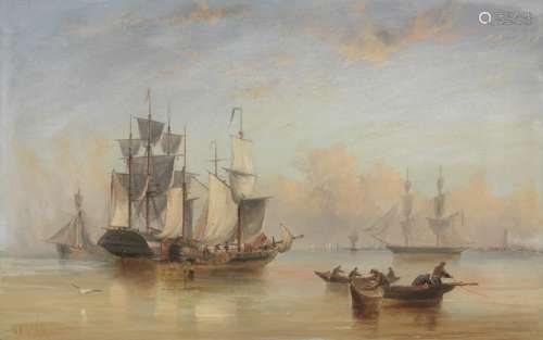 Henry Redmore (British, 1820-1887) Merchant sail becalmed in the Wash, with Boston, Lincolnshire,...