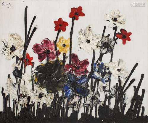 Thanos Tsingos (Greek, 1914-1965) Fleurs sur fond blanc 53 x 64 cm.