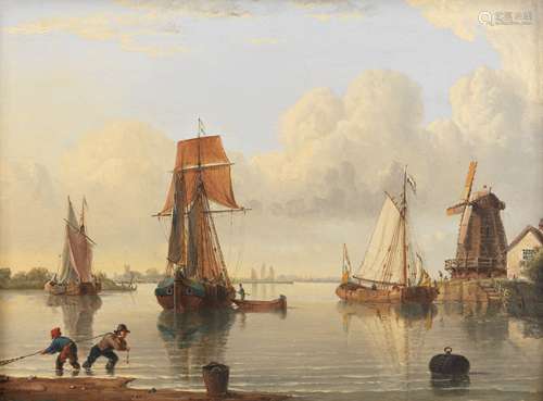 John Ward of Hull (British, 1798-1849) A busy riverside with windmill