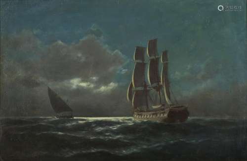 Emilios Prossalentis (Greek, 1859-1926) Sailing under the moonlight 59 x 88.5 cm.