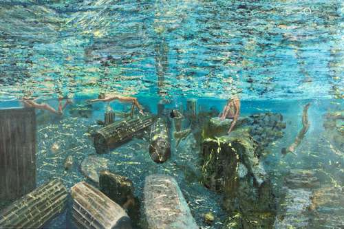 Maria Filopoulou (Greek, born 1964) Swimmers with ancient ruins 135 x 200 cm.