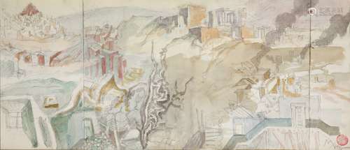 Nikos Hadjikyriakos-Ghika (Greek, 1906-1994) View of Athens 21 x 48 cm. (Painted c. 1975.)