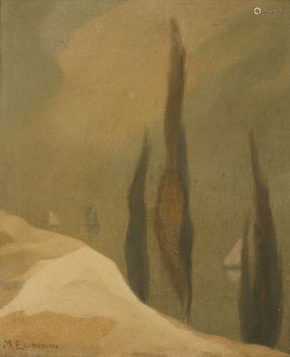 Michalis Economou (Greek, 1888-1933) On the way to Loutraki 60 x 50 cm. (Painted in 1927.)