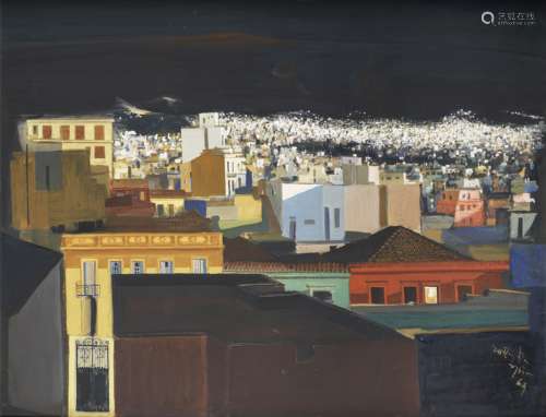 Spyros Vassiliou (Greek, 1902-1985) Athens at night 114 x 147.5 cm.