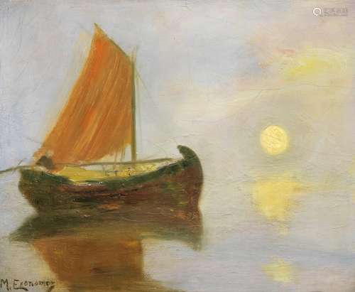 Michalis Economou (Greek, 1888-1933) Fishing boat at sunset 54.2 x 65.5 cm.
