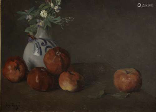Périclès Pantazis (Greek, 1849-1884) Vase with flowers and apples 40.5 x 56 cm.